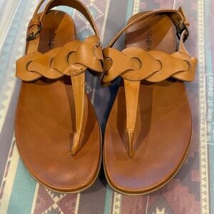 Indigo Tan Braided T‑Strap Leather Sandals